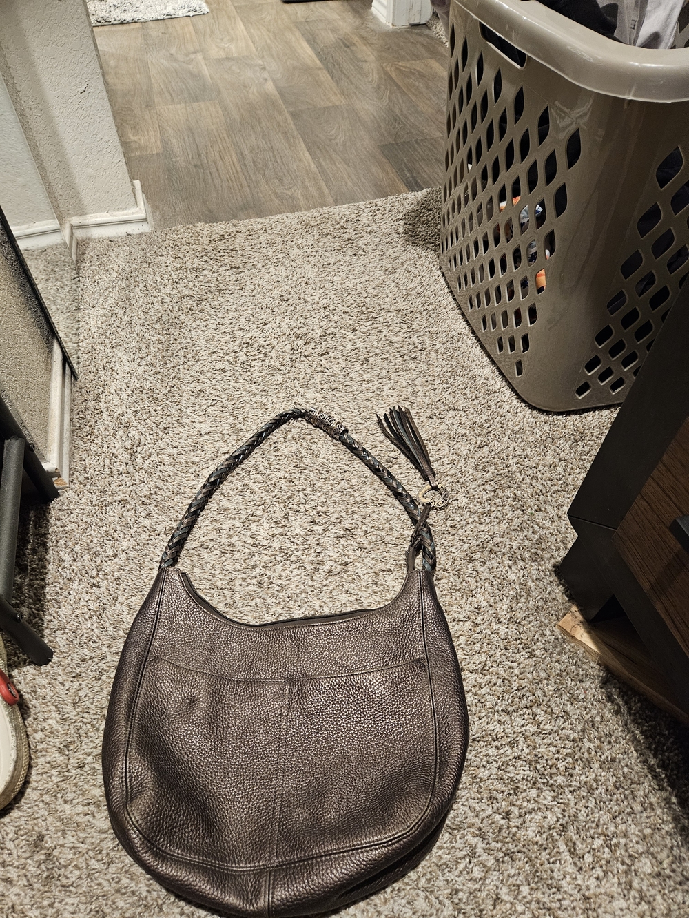 Brighton Brown Pebbled Leather Braided-Handle Hobo Shoulder Bag